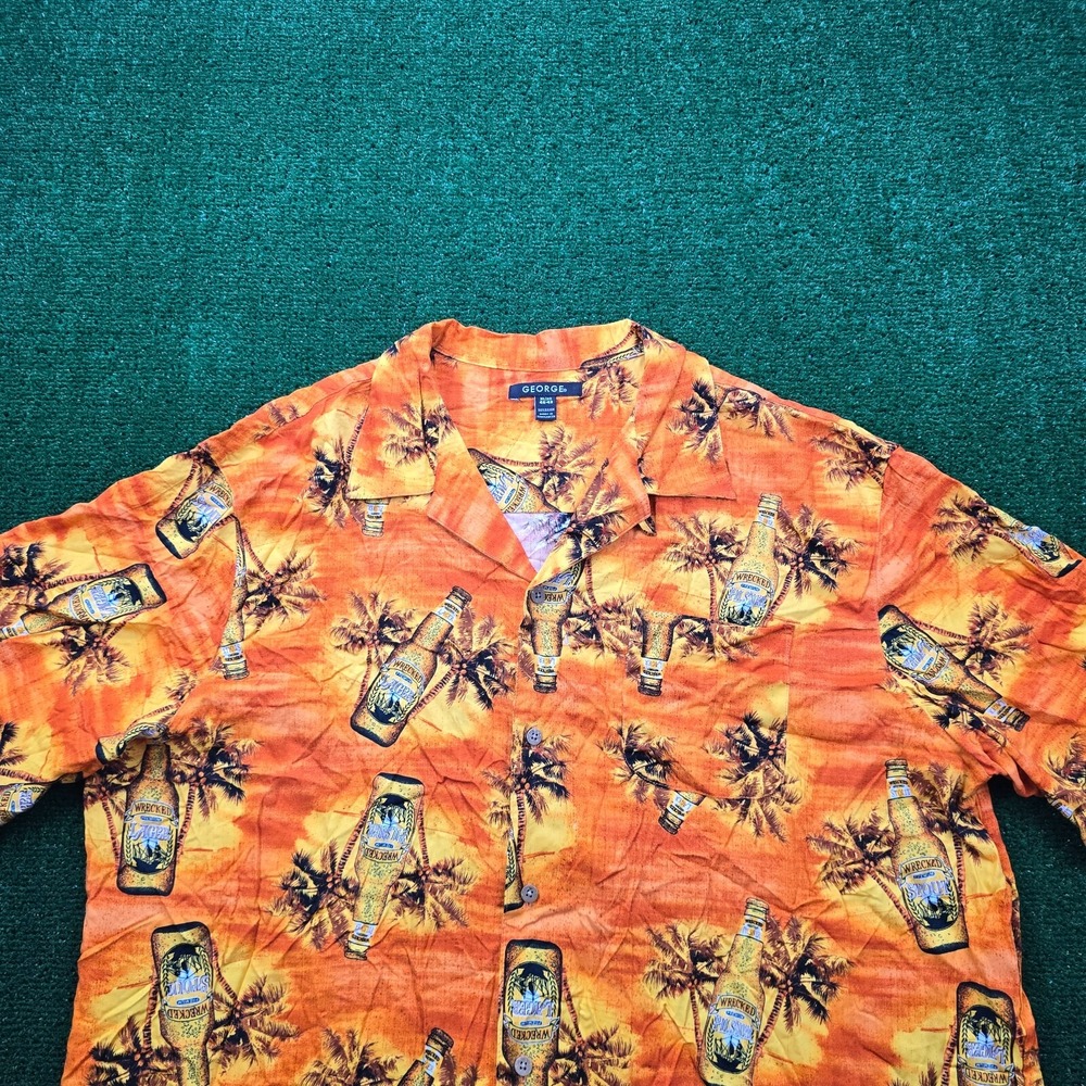 George Hawaiian Shirt Mens XL Orange Button Up Wrecked Lager Beer Bottle Rayon - Picture 2 of 8